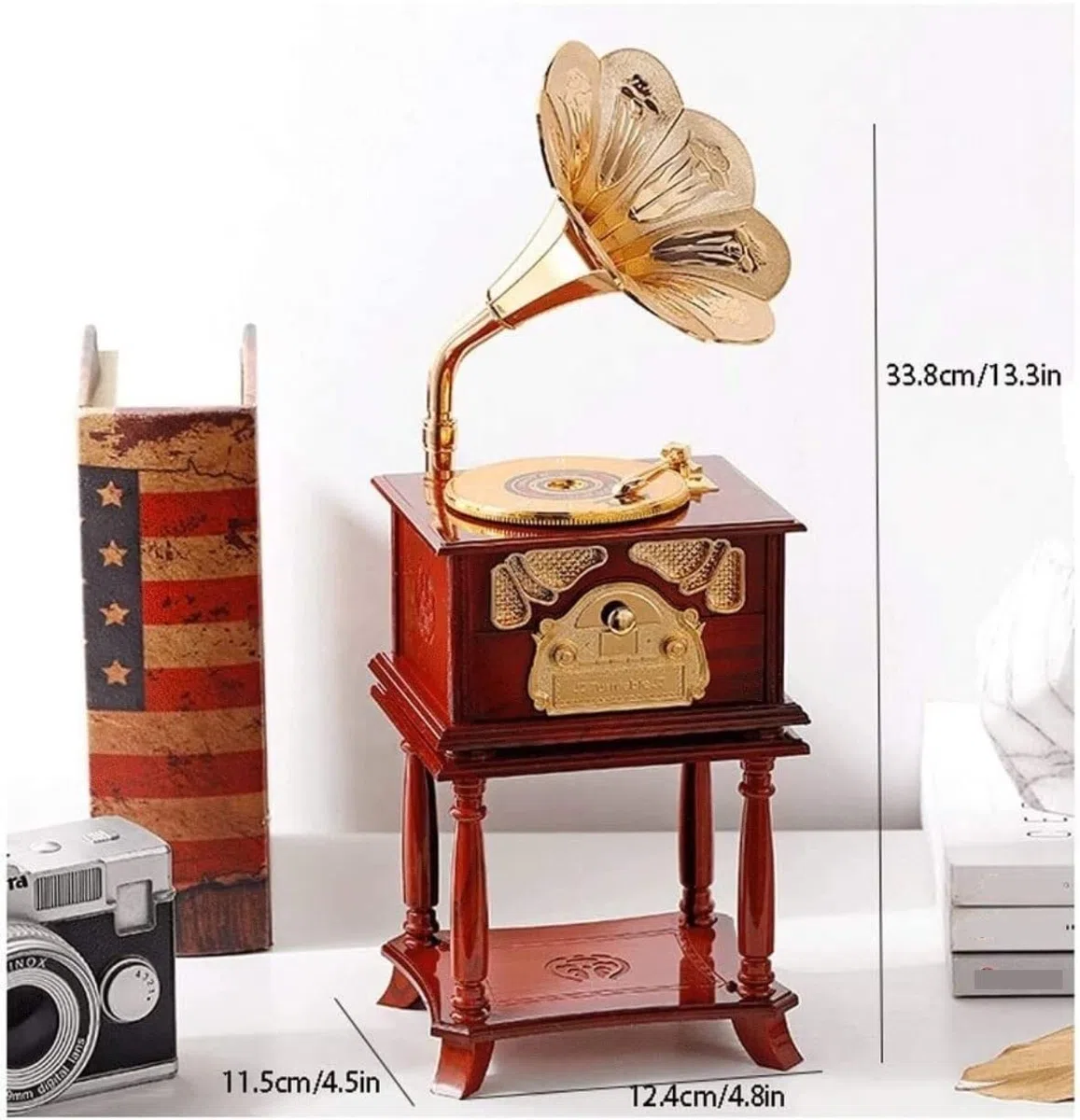 Caja de música de plástico para discos, fonógrafo, caja de música, almacenamiento de joyas, caja de música para decoración de Navidad, regalo de cumpleaños (marrón, 12,4 x 11,5 x 33,8 cm)