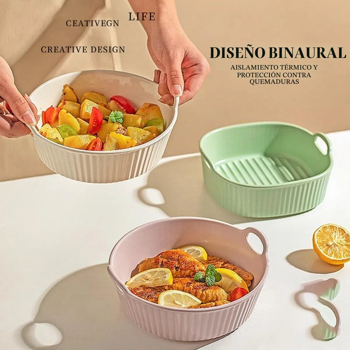 Fuente para horno de cerámica, cazuela para freidora de aire caliente, cazuelas cuadradas, molde redondo esmaltado multicolor, moldes con asas para freidora para lasaña, patatas fritas, sopa (blanco