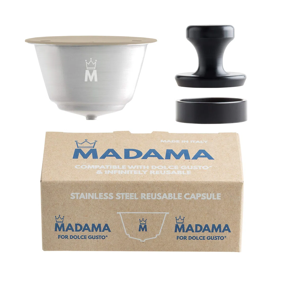 Madama - Cápsulas recargables y reutilizables compatibles con Dolce Gusto. Acero inoxidable y silicona apta para alimentos. 100% fabricado en Italia. Paquete de una cápsula