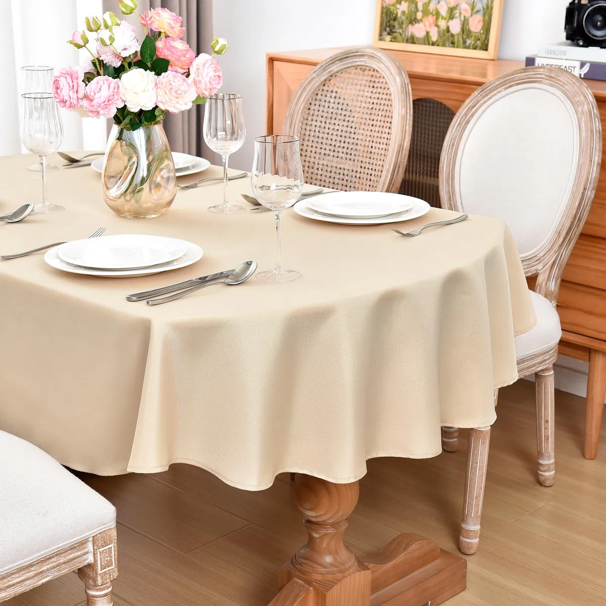 eeivs Mantel ovalado color beige, 152 x 213 cm, para mesa de comedor | Mantel de tela de poliéster lavable, color liso, uso diario para el hogar, cocina, fiesta, boda