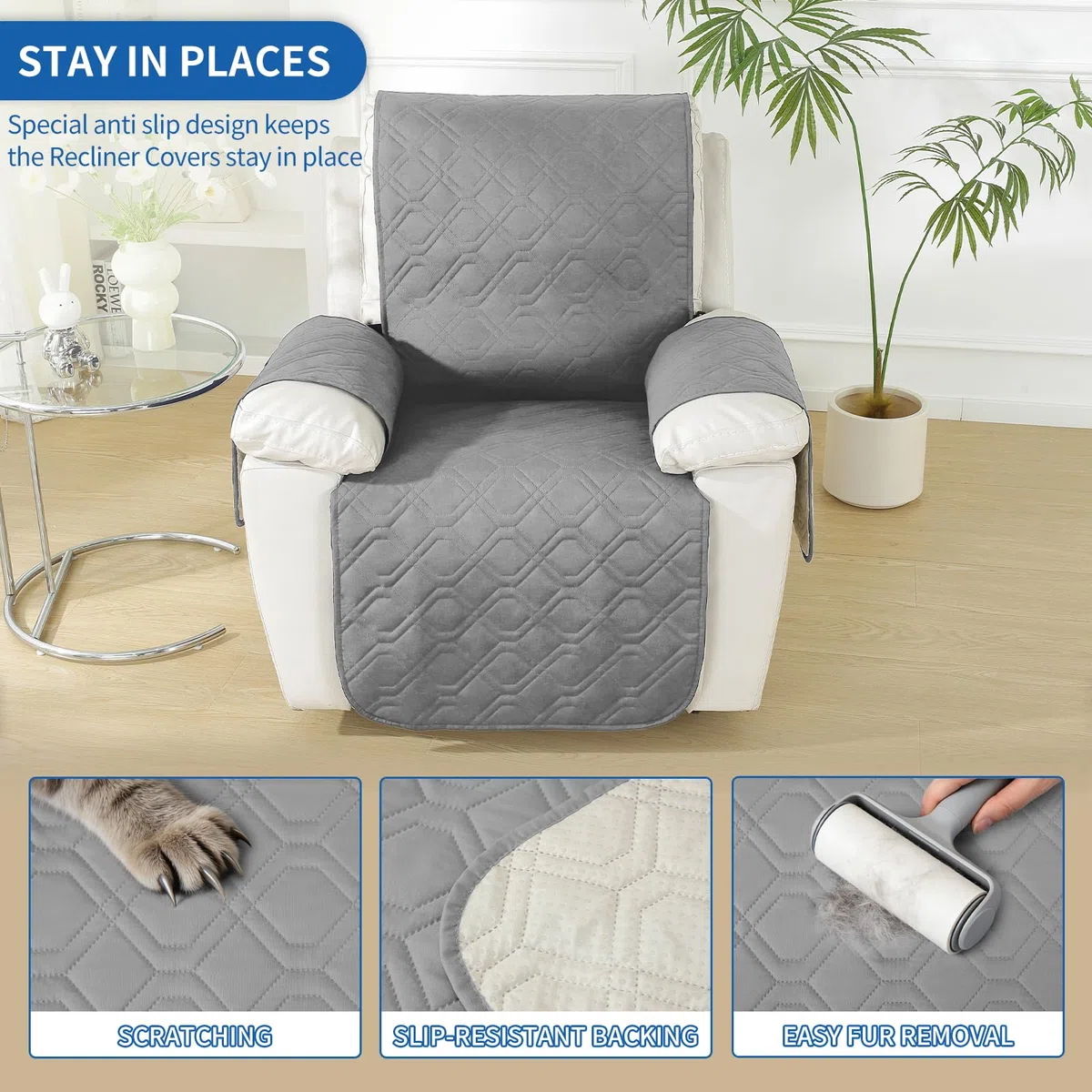 YSTELLAA Funda Sillon Relax Reclinable 1 Plaza, Impermeable Funda Sillon, Fundas para Sillones con Bolsillo Laterales, Mascotas, Antiarañazos(1 Asiento, Gris Claro)
