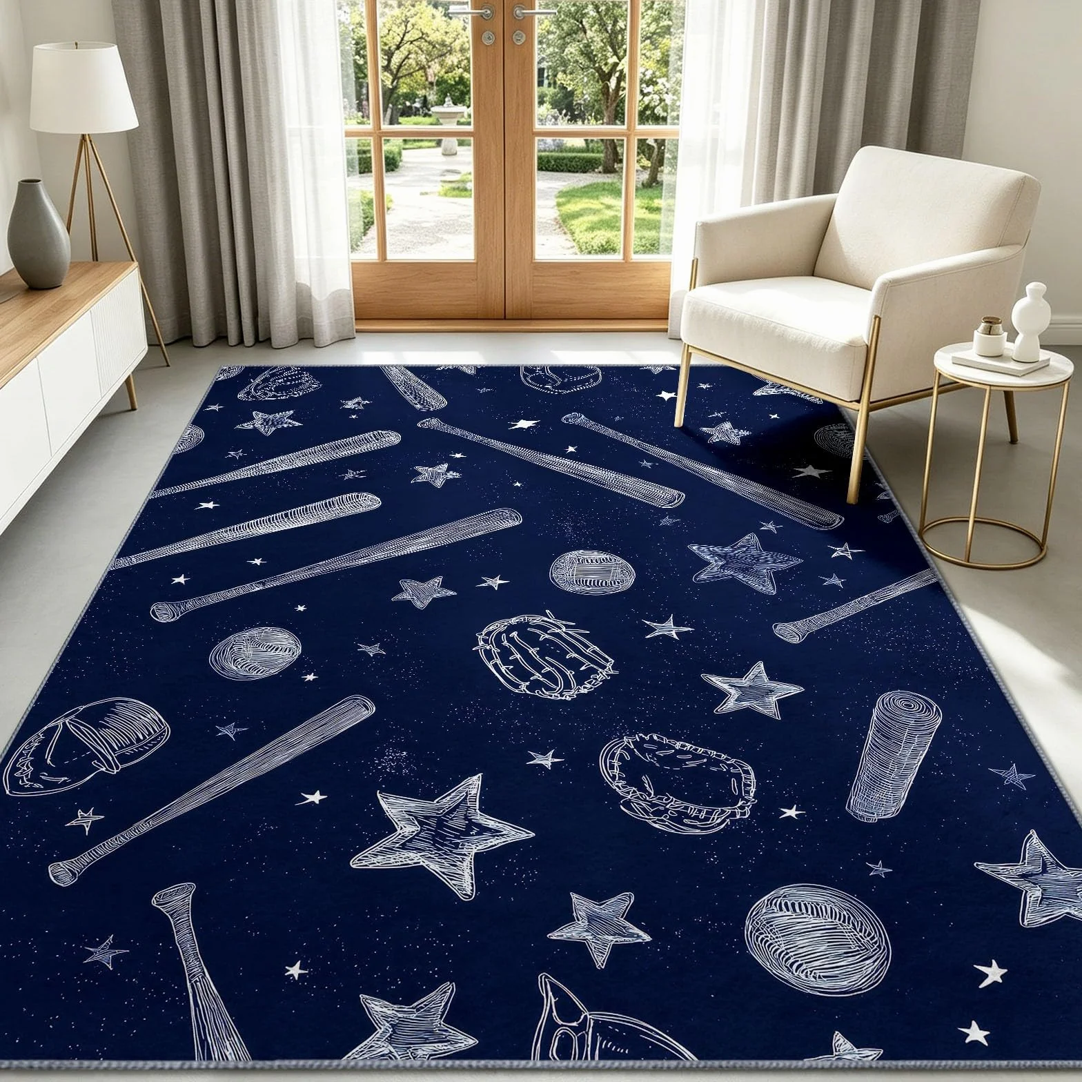 Sports Sketch - Alfombra antideslizante para sala de estar, 180 x 240 cm, alfombra de suelo lavable, diseño de estrella de béisbol