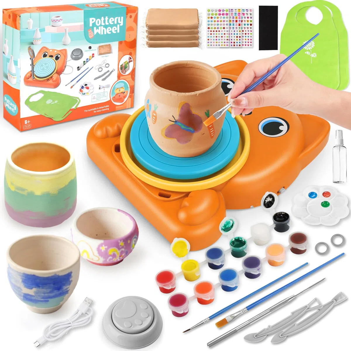 Set De Cerámica para Niños,Set de Cerámica para El Hogar,Mini Torno de Alfarero Eléctrico con Arcilla,Colores,Set de Manualidades Creativas en Cerámicas para Niños a Partir de 6 Años - Naranja