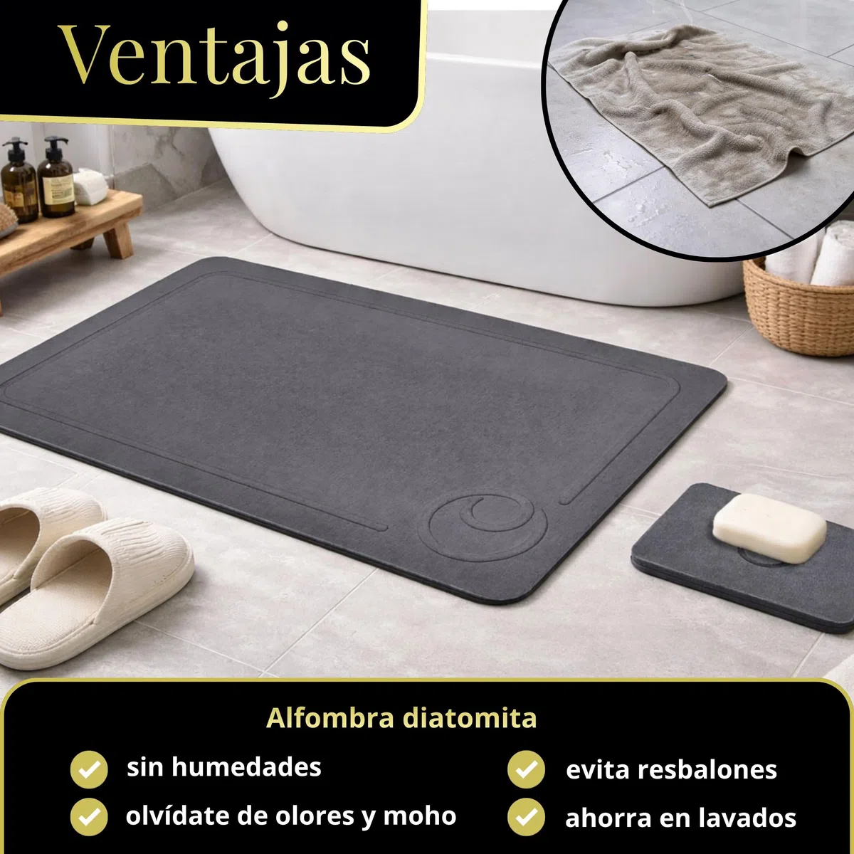 Alfombra Piedra Diatomita Baño 60x39 cm + Posavasos, Secado Ultra Rápido, Antideslizante con Malla, Sin Olores, Sin Moho – Alfombra Diatomita Baño Piedra Gris Antracita.