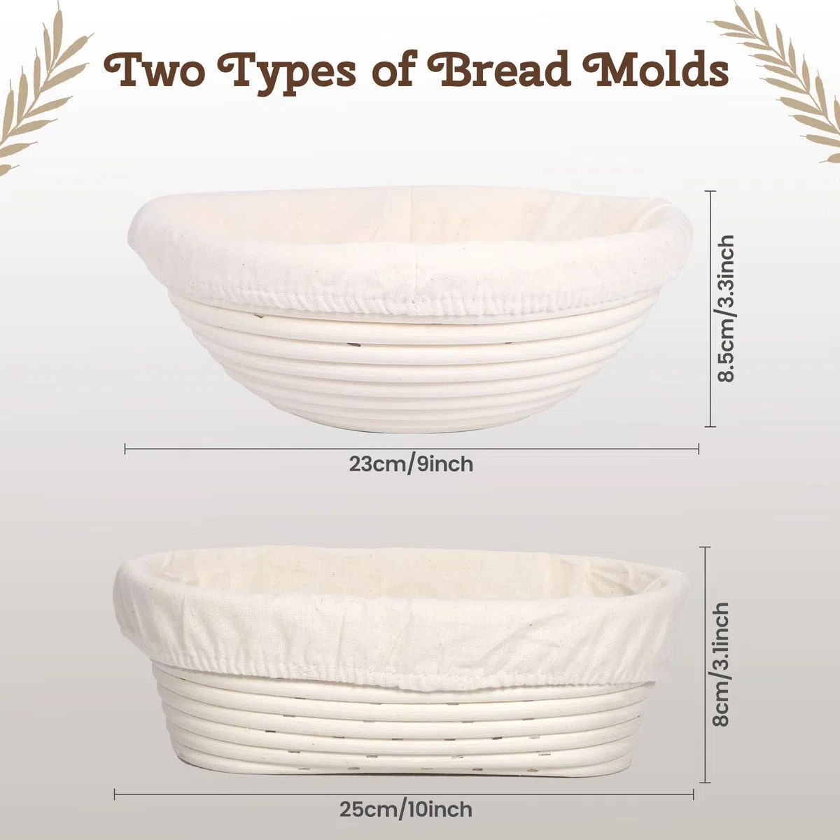 Cesta de Fermentación para Pan, Banetones para Pan, 23cm Ovalada + 25cm Redondo, 10 Piezas Kit Completo de Panadero, con Batidor de Masa, Raspador de Masa y Cepillo, Accesorios para Hornear