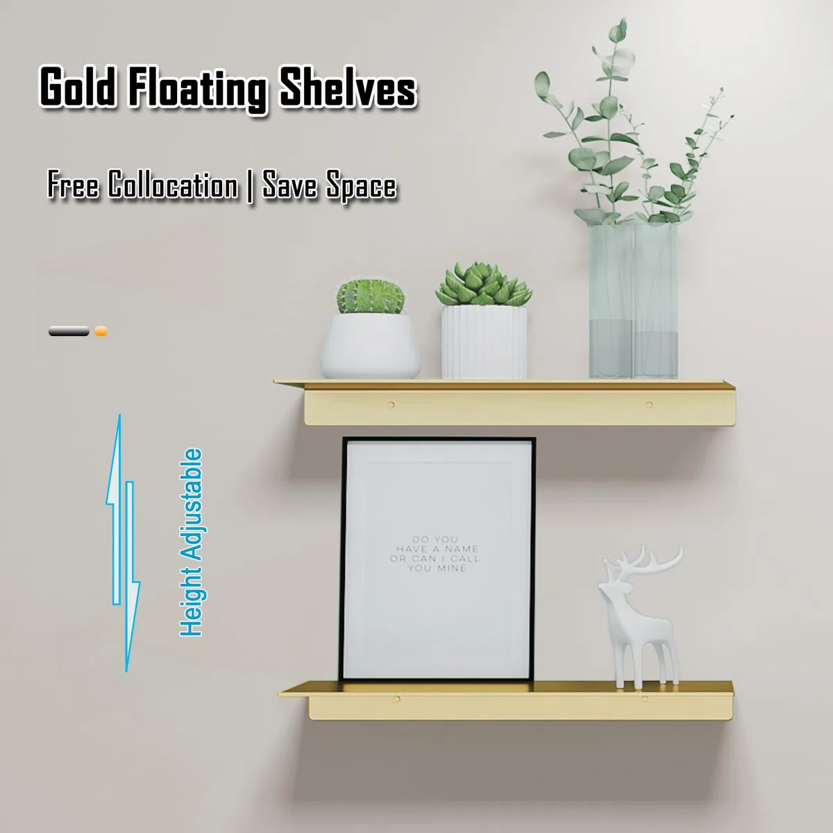 HNVNER Estantes de Pared Juego de 2, Dorado Cepillado, Estanterias Metalicas de Pared Baldas para Salón, Dormitorio, Recibidor, Ducha, Oficina, Estanteria Baño (30 x 12.5 CM)