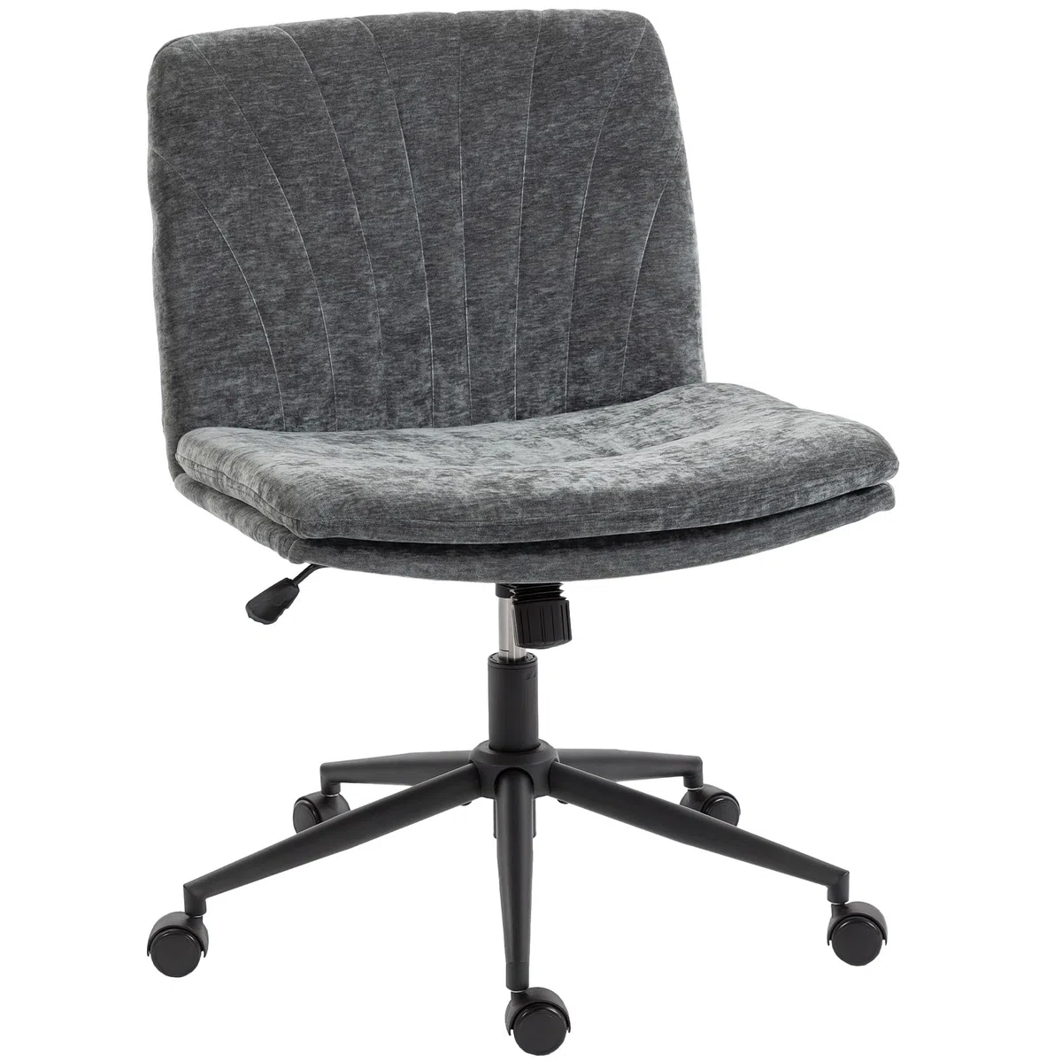 HOMCOM Silla de Oficina Piernas Cruzadas, Ruedas, 62x67x83-93 cm, Gris | Silla de Escritorio, Asiento Ancho, sin Reposabrazos, Altura Ajustable, Giratoria, Función Basculante, Tapizada en Chenilla