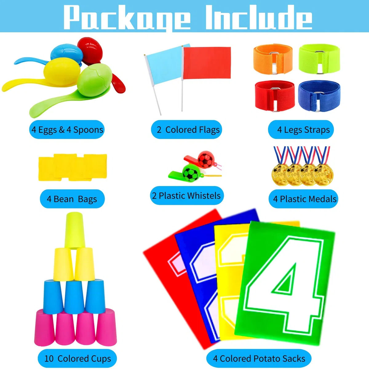 Chennyfun Sports Day Kit, 38 Piezas de Juegos para Exteriores y Jardín Deportivo para Niños, Incluye Sack Run, Lanzamiento Frijoles, 3 Patas y Huevos y Cucharas Juegos Familiares para Adultos y Niños