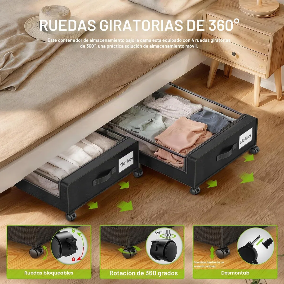 Caja de Almacenamiento Debajo de la Cama Con Ruedas y Marco Metálico,2 Piezas Versátil Organizador Ropa Para Zapatos Mantas Juguetes,Grande Capacidad,Negro,2 Piezas