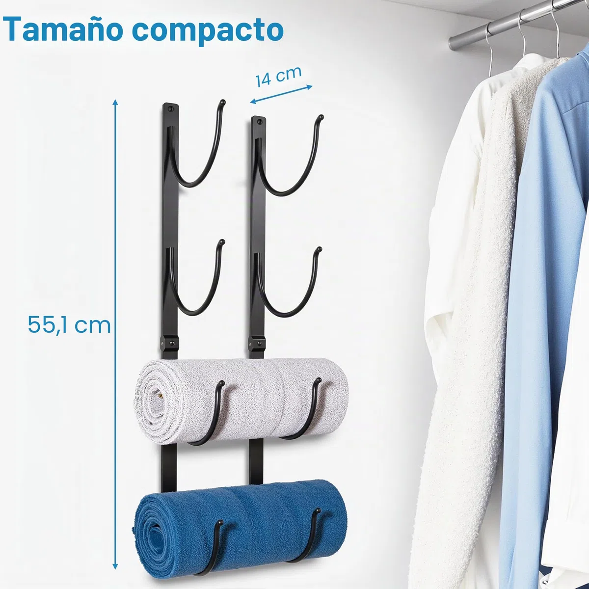 Toallero de baño montado en la Pared – Estante de 4 Niveles de Metal Negro para Toallas enrolladas, Mantas y sábanas Grandes – Organizador Colgante Ahorra Espacio para Armario, Inodoro o Autocaravana