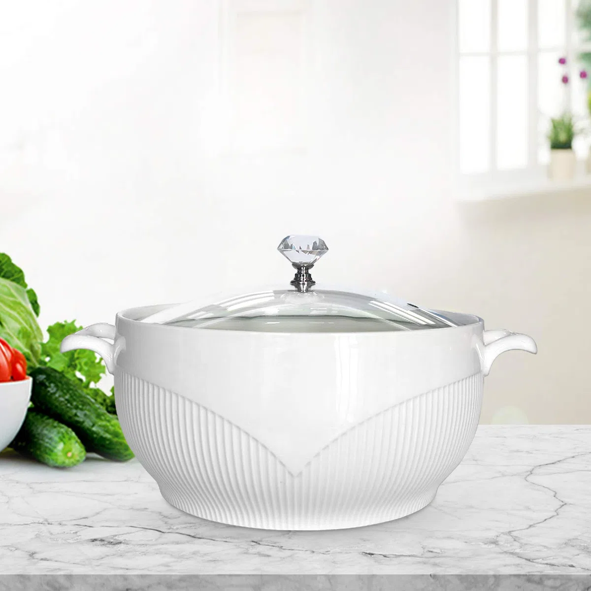 ABHOME Sopera de porcelana con tapa de cristal transparente para sopa de cerámica para restaurante, hogar, cocina, decoración blanca, bonita olla (1,3 L)