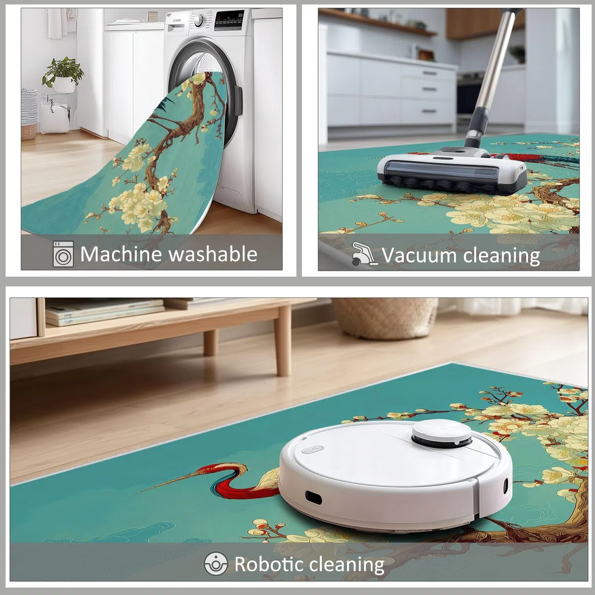 Alfombra antideslizante con diseño de pájaros voladores y flores de ciruelo, 160 x 230 cm, estilo chino, alfombra para dormitorio de niños y niñas, alfombra de suelo para sala de estar, dormitorio