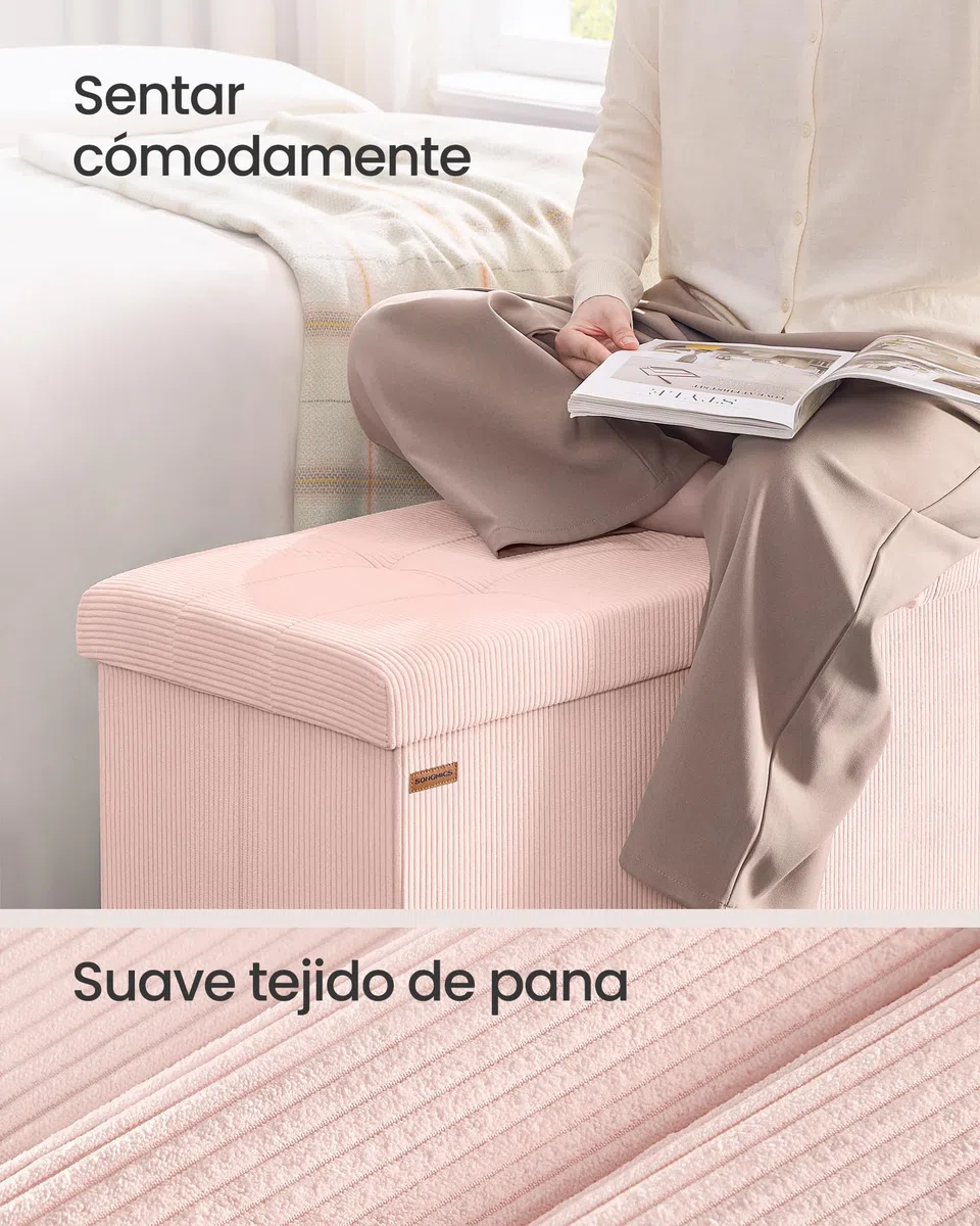 SONGMICS Puff Almacenaje, Baúl de Almacenaje Plegable, 38 x 76 x 38 cm, Taburete Reposapiés, Banco de Cama, Soporta hasta 300 kg, para Sala de Estar, Dormitorio, Entrada, Rosa Jalea LSF603R01