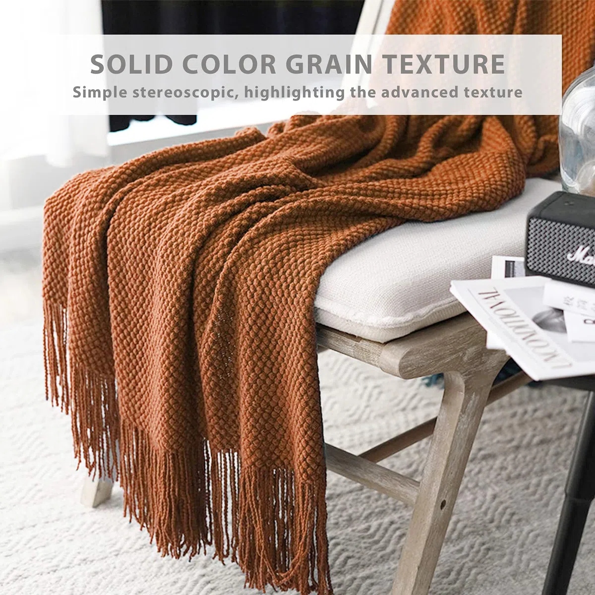 LumiSyne Manta De Punto con Flecos Color Sólido Rejilla De Piña Comoda Suave Cubresofa Cubrecama Manta Cubrecama Decorativa para Sofá Cama 230x130cm