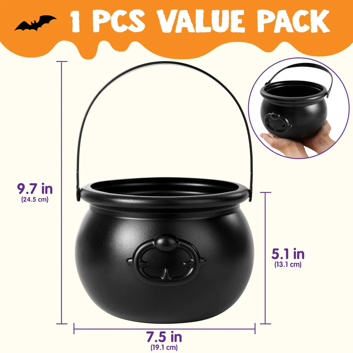 JOYIN Caldero Negro Grande de Halloween, 7.5 Pulgadas, Plástico, Gótico, Bowl de Halloween, Caldero, Decoración de Fiesta de San