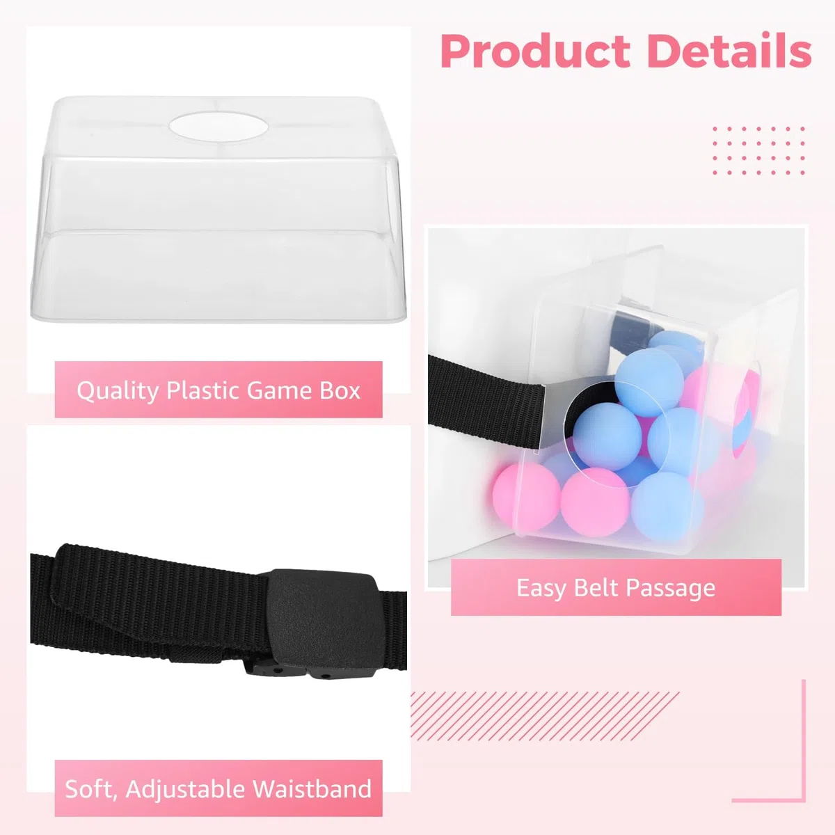 Juego de 6 juegos de pelota de rebote, desafío de rebote de cadera agitada, cajas transparentes, cinturones ajustables, 100 bolas rosas y azules, juego de fiesta interactivo para despedida de