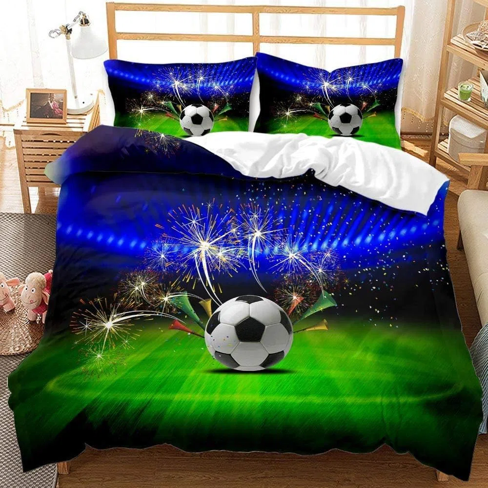 Funda nórdica de fútbol de 135 x 200 cm, para niños, diseño de fútbol con Estampado 3D, Funda nórdica para niños y Adolescentes, fútbol, Azul, con Funda de Almohada (A-1, 135 x 200 cm)