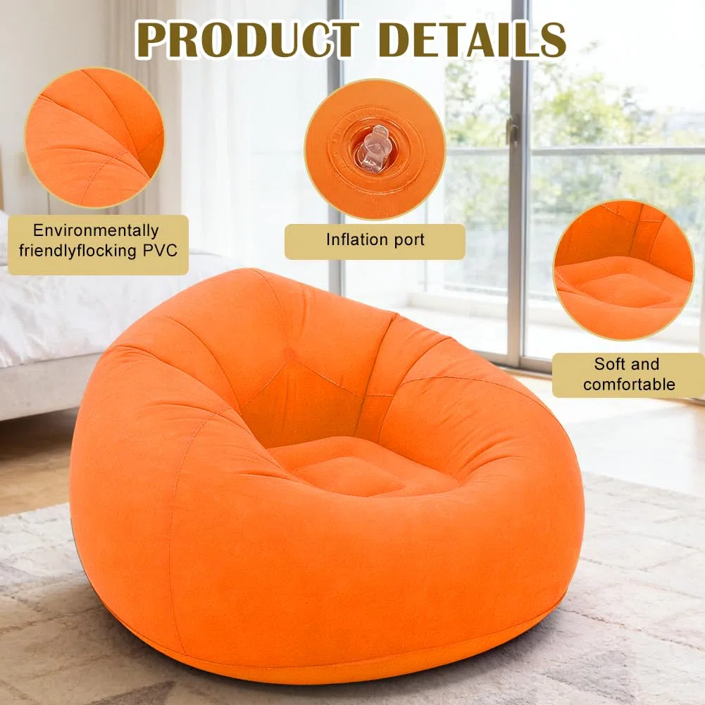 Sofá hinchable y puf hinchable, cómodo sofá plegable para salón, camping y jardín, inflable rápido y lavable, sillón individual para relajación y ocio (naranja)