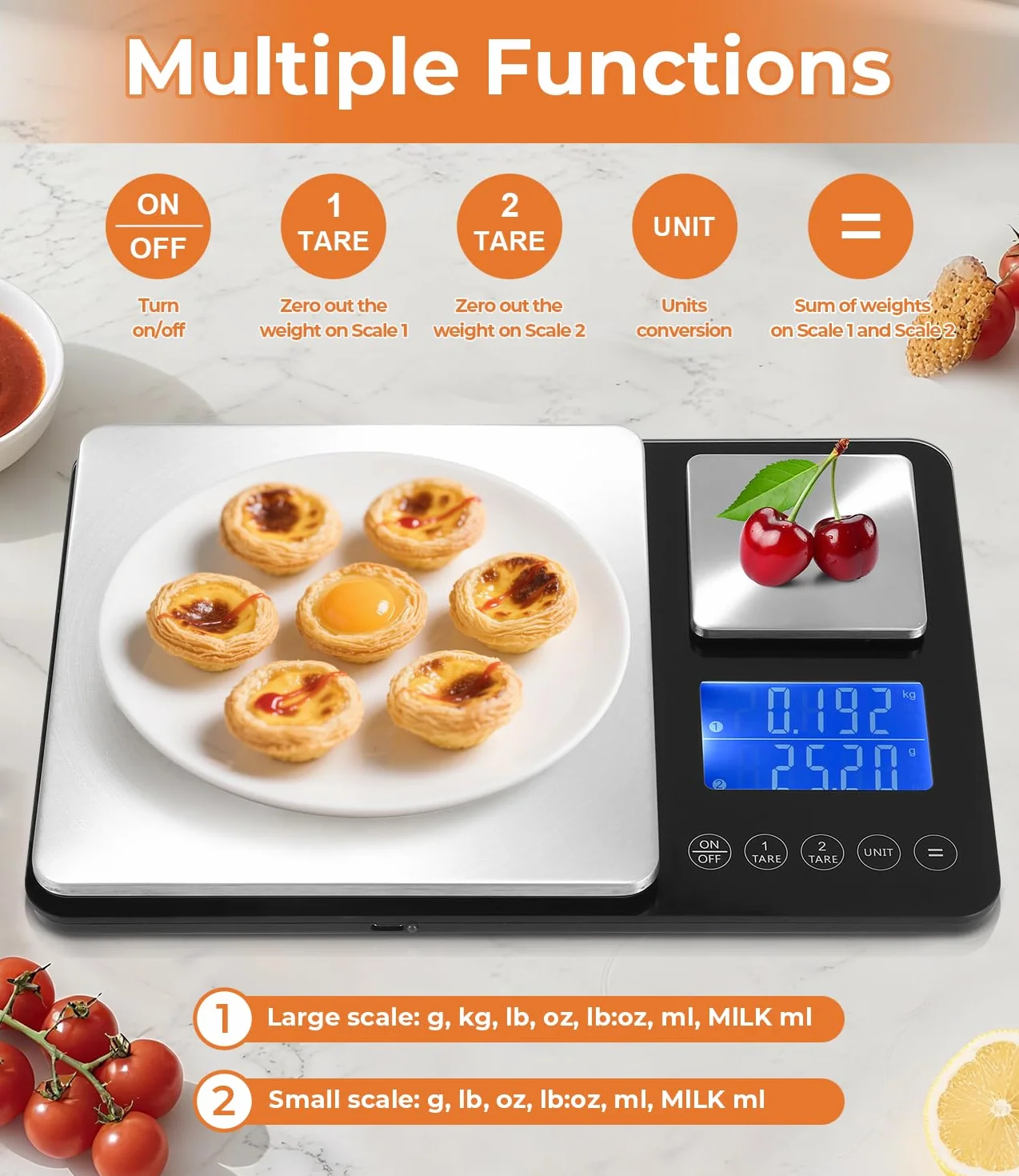 Báscula de Cocina Digital con Doble Plataforma (10kg/1g & 500g/0.01g), Recargable por USB & con Pilas, Acero Inoxidable, Pantalla LCD, 7 Unidades, ideal para Cocina & Repostería
