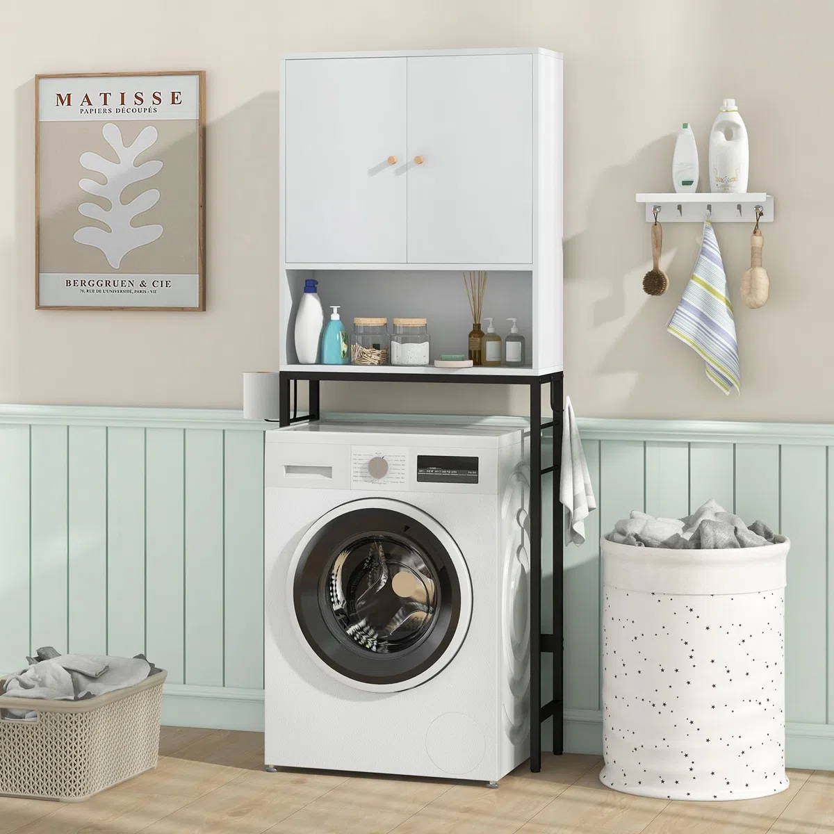 GOPLUS Armario sobre la Mesa del Inodoro, Armario de Baño con Doble Puerta, Compartimento Abierto, Estante Ajustable, Barra Inferior para Lavadero, 63x23x165,5cm (Blanco)