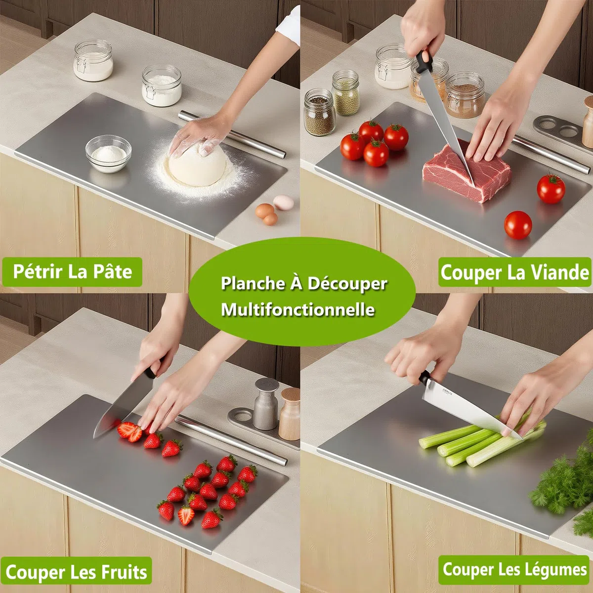 uyoyous Tabla de cortar de acero inoxidable, 80 x 50 cm, gran protección de encimera, con labio y rodillo, para amasar pan, carne, frutas, verduras, efectividad en cualquier cocina