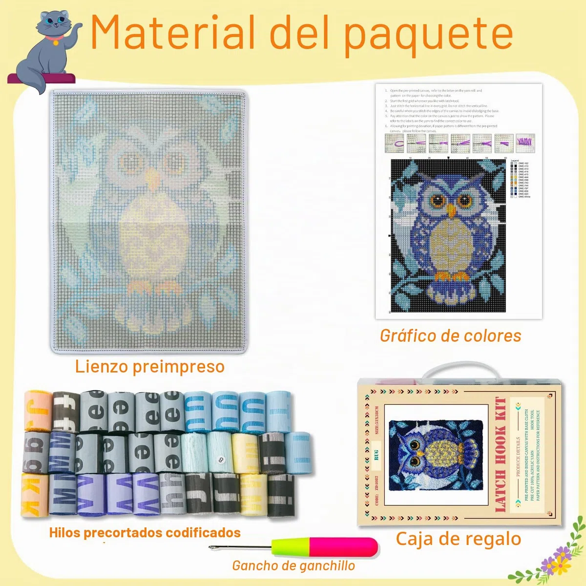 Kit de Alfombra de Gancho, pestillo alfombra hacer tapices, 3D Tapiz Kits Alfombra Latch Hook Kits, Lechuza Patrón impreso, 50x38cm