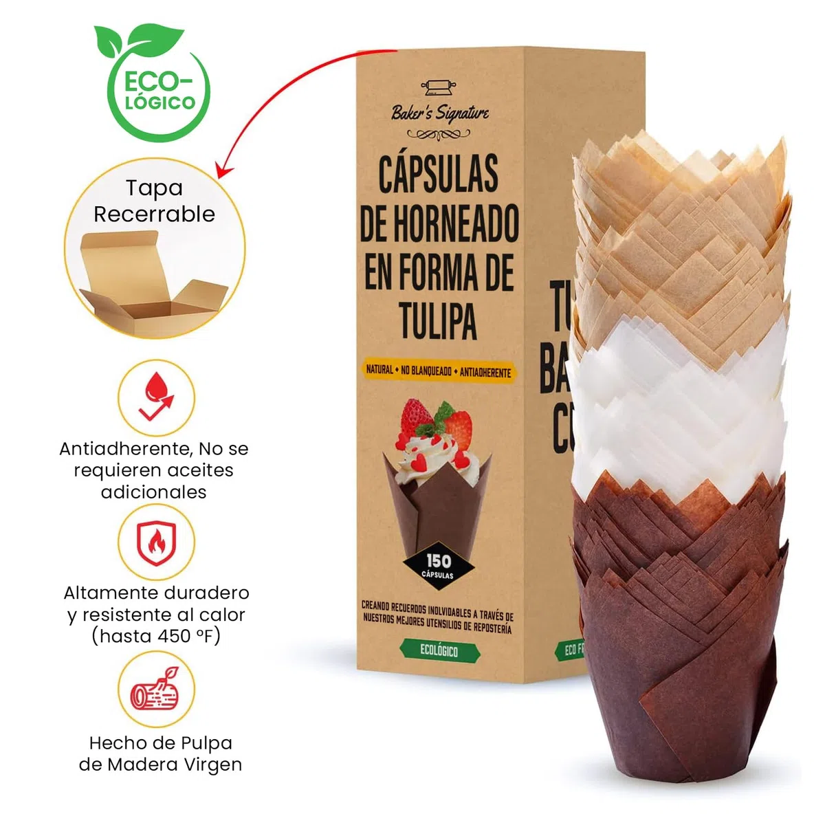 Moldes Magdalenas Tulipán, 150 Pzas – Blancas, Beige y Marrones, Muffins Moldes Desechables – Papel Cupcakes para Hogar y Eventos – Fáciles de Quitar por Baker's Signature