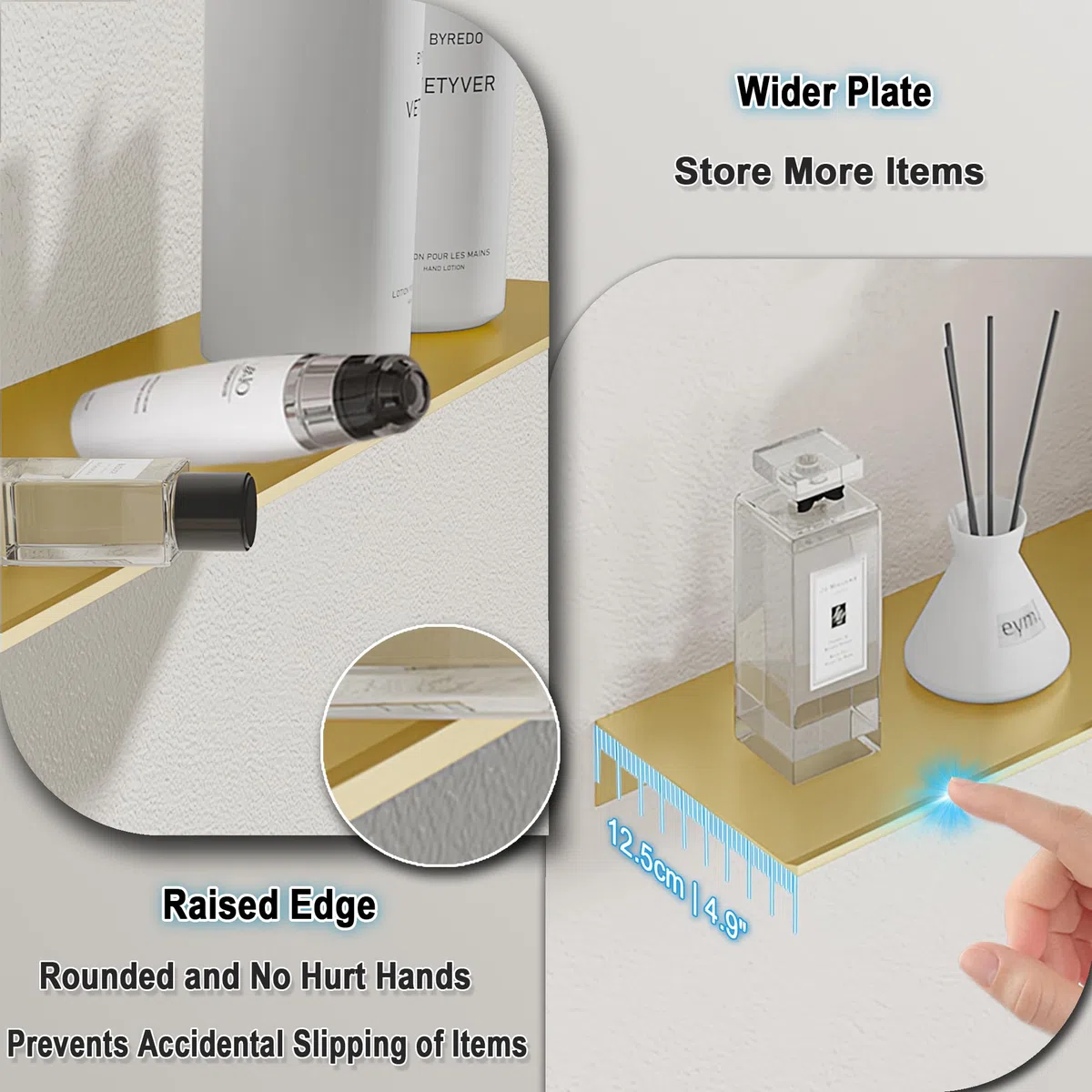 HNVNER Estantes de Pared Juego de 2, Dorado Cepillado, Estanterias Metalicas de Pared Baldas para Salón, Dormitorio, Recibidor, Ducha, Oficina, Estanteria Baño (30 x 12.5 CM)
