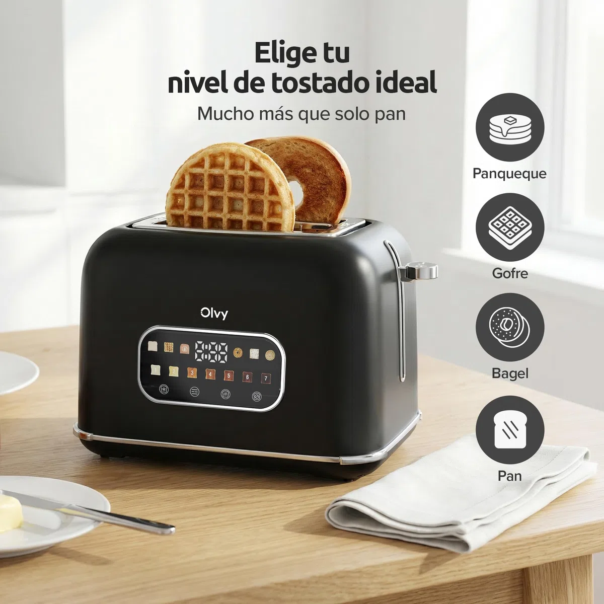 Olvy Tostadora 2 Rebanadas con Pantalla LCD y Temporizador – Ranuras Extra Anchas para Pan Grueso – 7 Niveles de Dorado, Descongelar y Recalentar – 900W – Negro