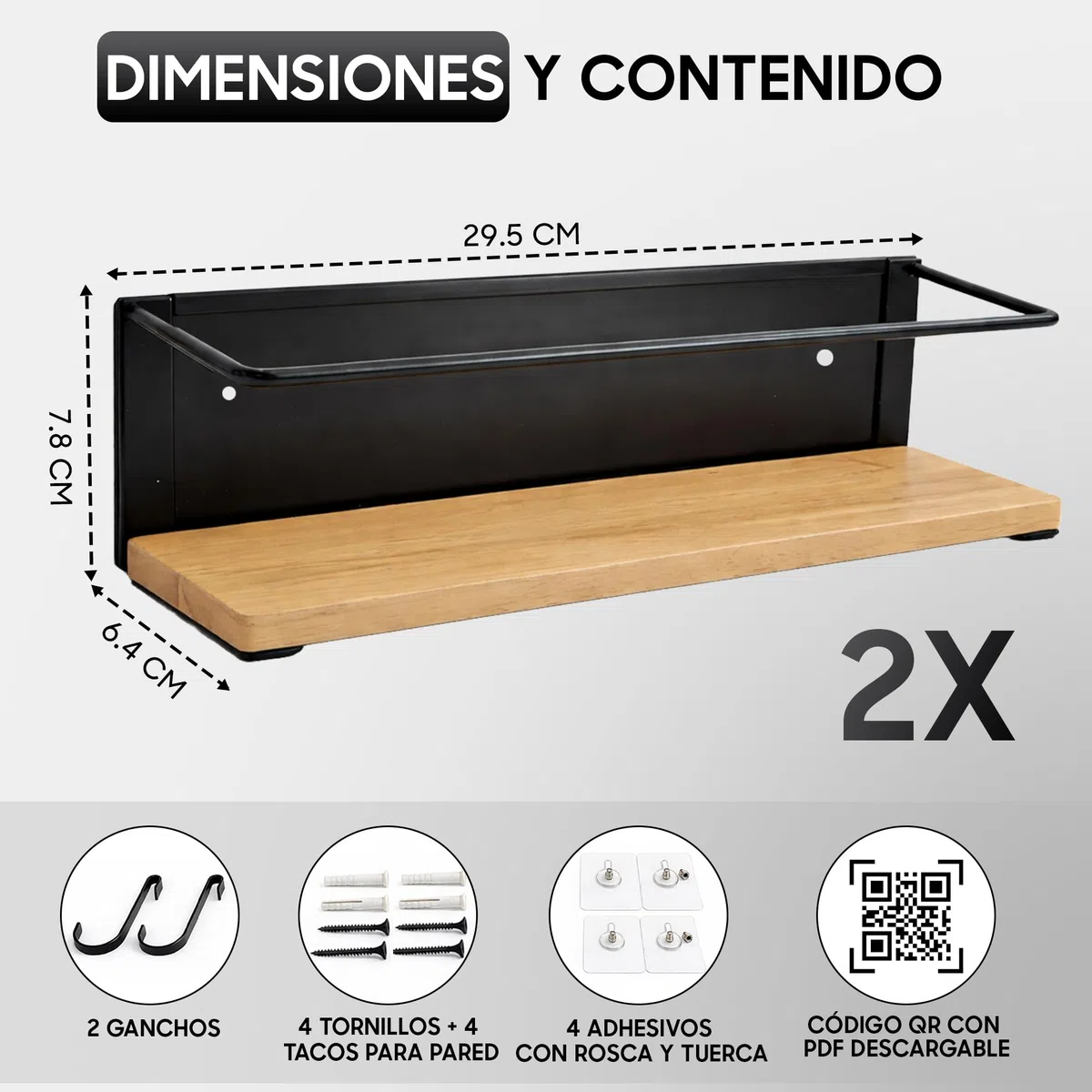 Especieros para Cocina Magnéticos – Pack de 2 | Estante de Pared de Acero y Madera para Baño, Cocina o Salón. Organizador de Especias + QR de Regalo | 3 Opciones: Adhesivo, Imán o Tornillos