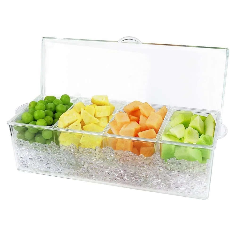 Servidor de condimentos refrigerado por hielo con 4 recipientes separados, incluye bandeja y tapas, perfecto para barbacoas, fiestas y cenas al aire libre, mantiene las salsas frescas y frías