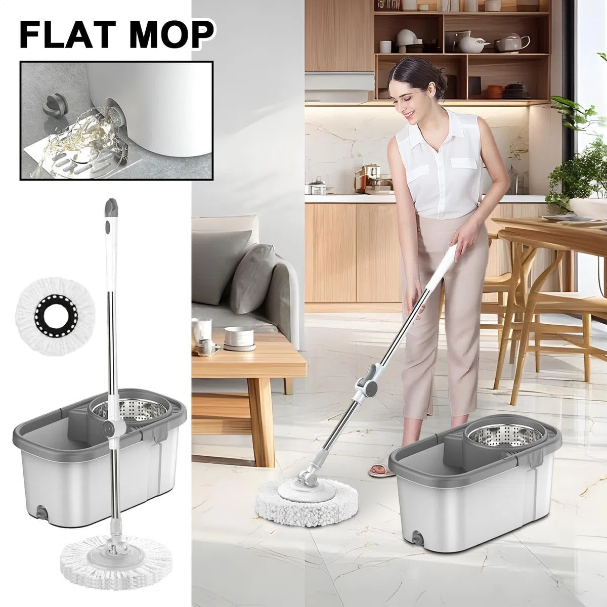 Fregona Y Cubo De Limpieza Hogar Compacto Ligero Mango Ajustable Doméstico | Kit Completo De Fregona Y Cubo Con Rotación 360 Grados Autotorsión Apta Para Suelos De Madera, Baldosas, Mármol, Baño,