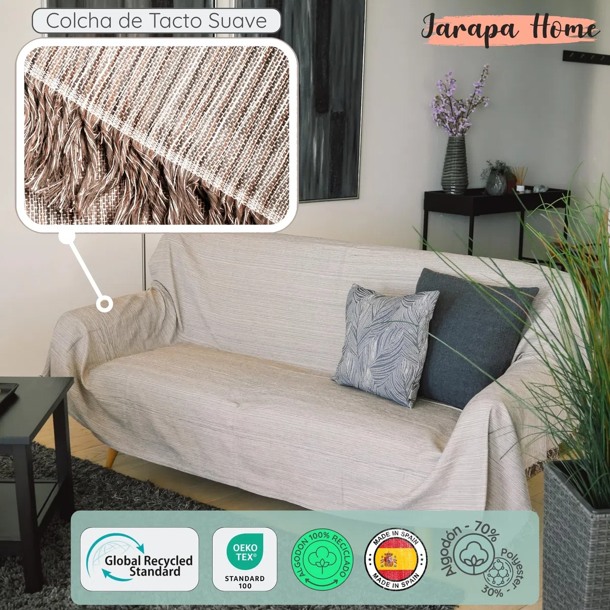 Colcha Multiusos: Plaid sofa, Manta Foulard, Cubre cama, foulard para sofas de Algodón y otras fibras acabado de calidad Fabricado en España. (Marron Jaspeado 05, 180x260cm)