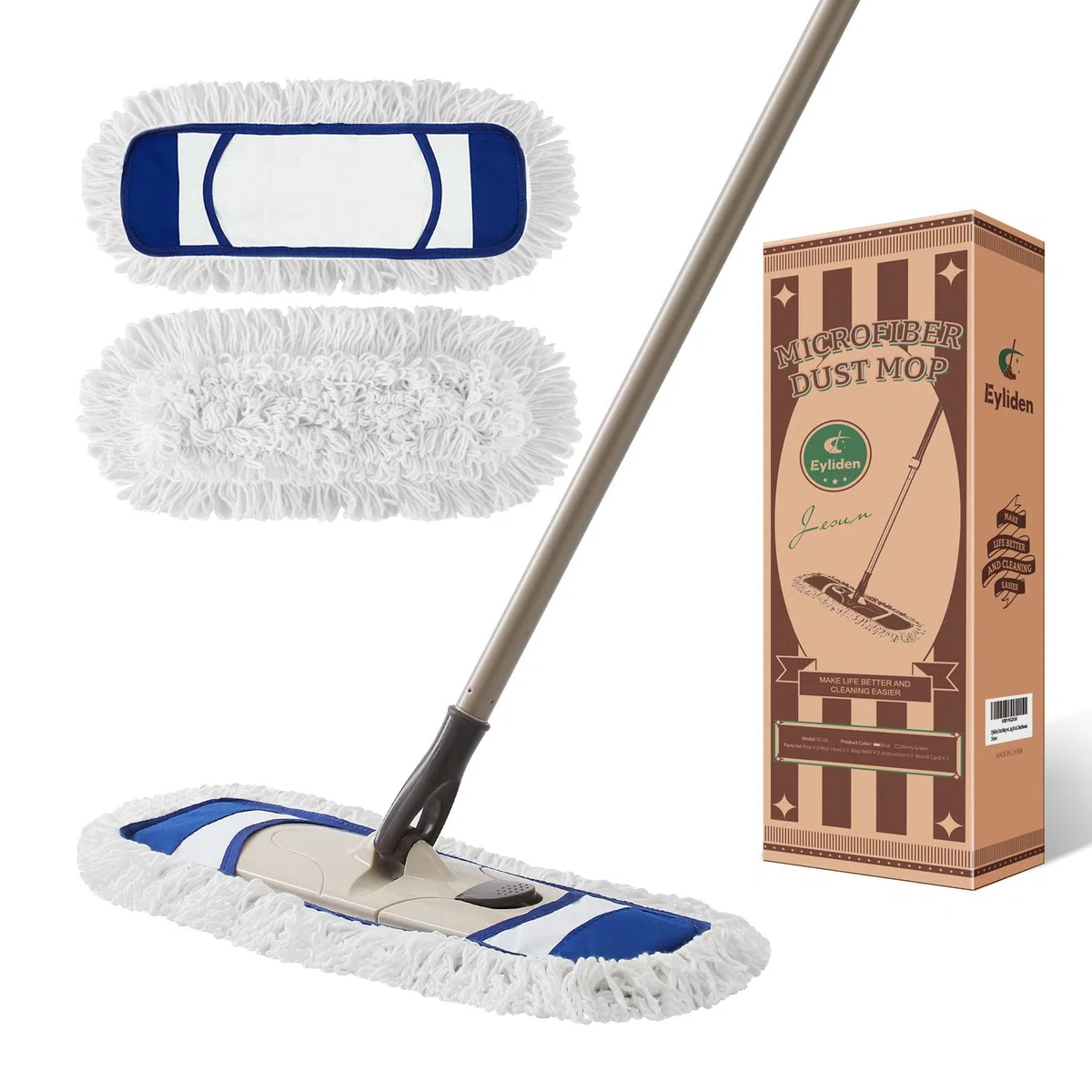 Eyliden Trapeador de polvo, mopas de microfibra para limpieza de suelos, con mango ajustable en altura y 2 almohadillas lavables, mopa de limpieza de suelos húmedos y secos para madera dura, azulejos,