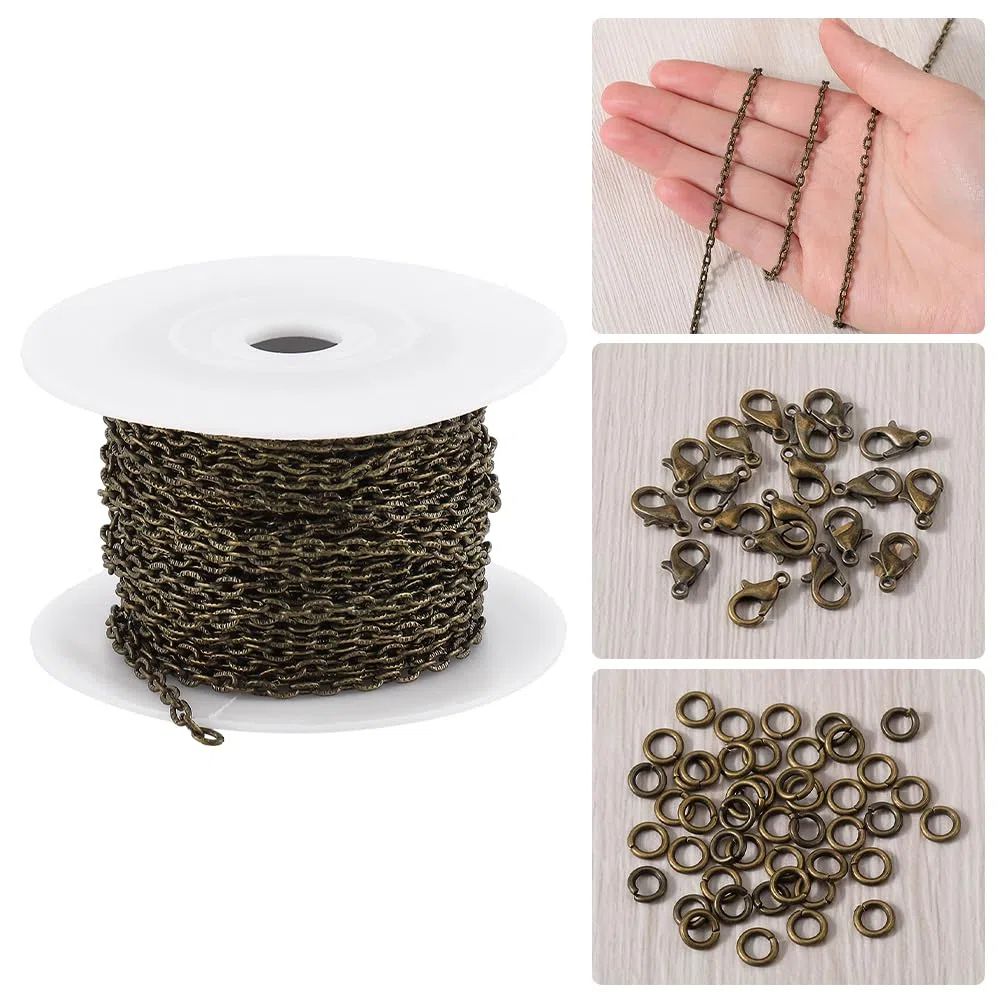 SUNNYCLUE Cadenas de Bronce Antiguo de 32.8 pie/10 m Rollo de Cadena de Joyería A Granel Carrete de Cadena de Cable Texturizado Eslabones de Cadena de 5x3.5 mm Cadena Curvada 20 piezas Cierres de Pinz