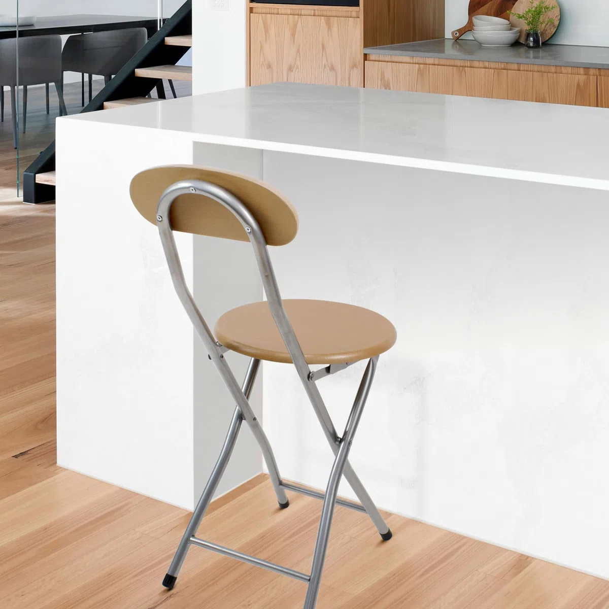 THE SECRET HOME Sillas Plegables de Cocina - Asiento Plegable de Metal y Madera - Silla Apta para Interior y Exterior (2, Madera Natural/Plata, 29x74x36 cm)