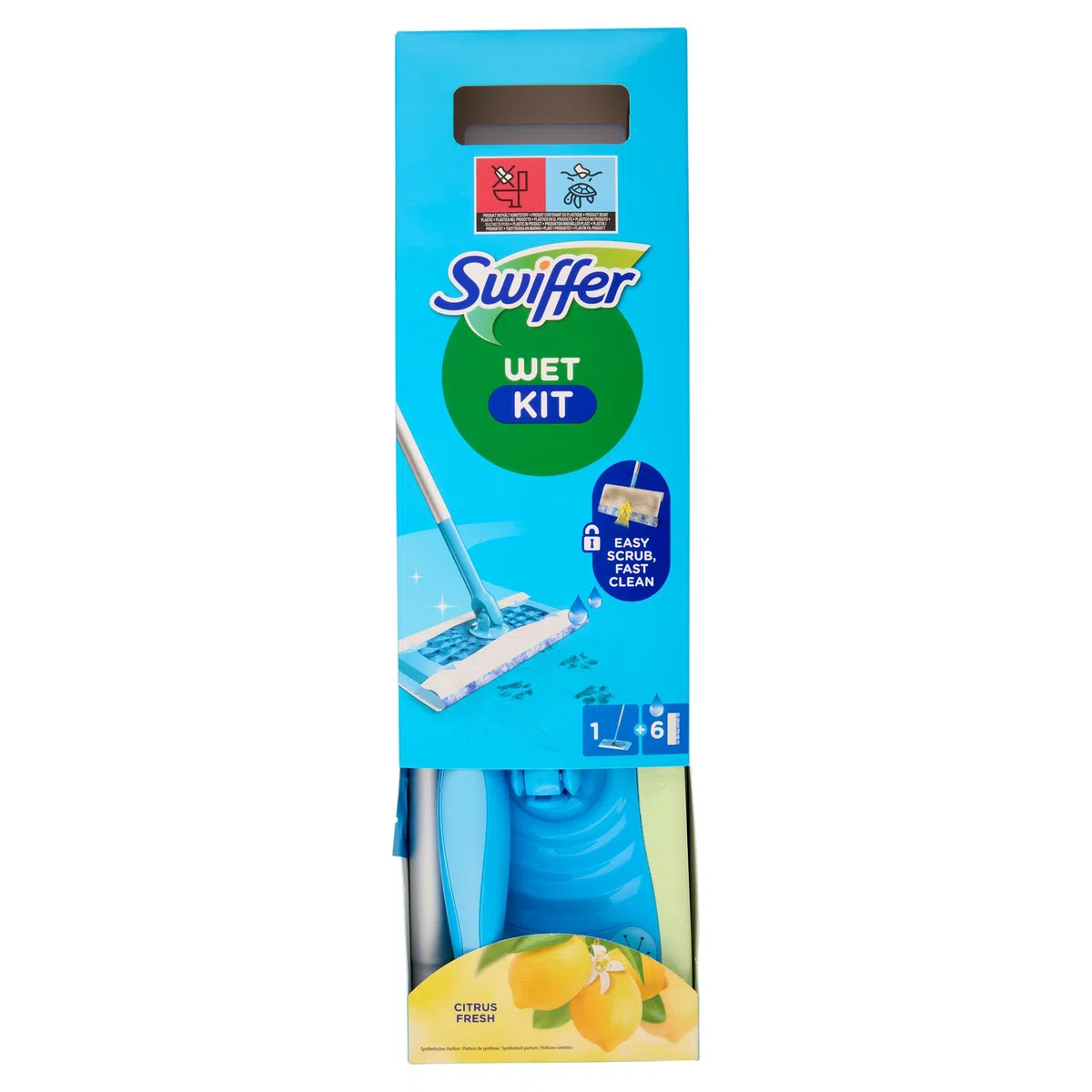 Swiffer Wet - Kit de limpieza de suelos, 1 escoba y 6 paños húmedos, limón, tamaño grande, limpia suelos, limpieza higiénica profunda, elimina la suciedad y las bacterias, para todo tipo de suelos
