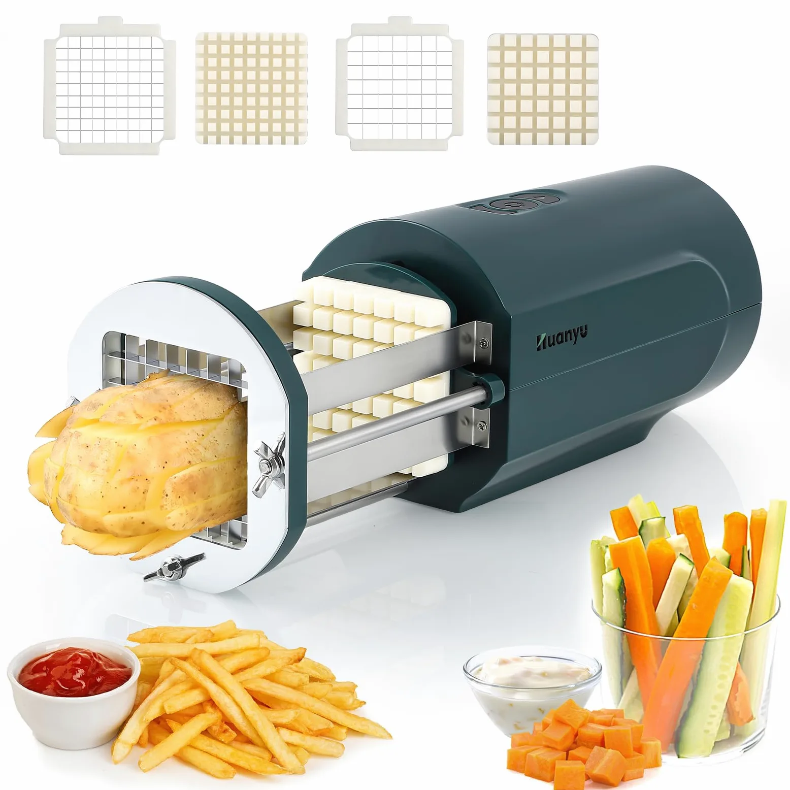Huanyu Cortador eléctrico de patatas fritas con cuchillas de 2 tamaños, cortador de verduras multifuncional para patatas, zanahorias y pepinos (verde)
