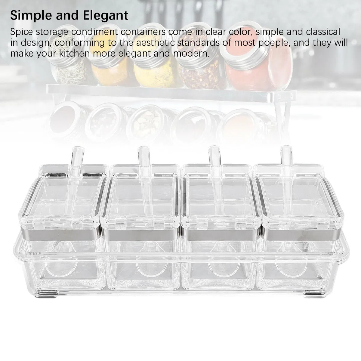 Caja de condimentos transparente de 4 celdas, caja de condimentos acrílica, macetas con cuchara para azúcar, sal, azúcar, cardamomo, canela