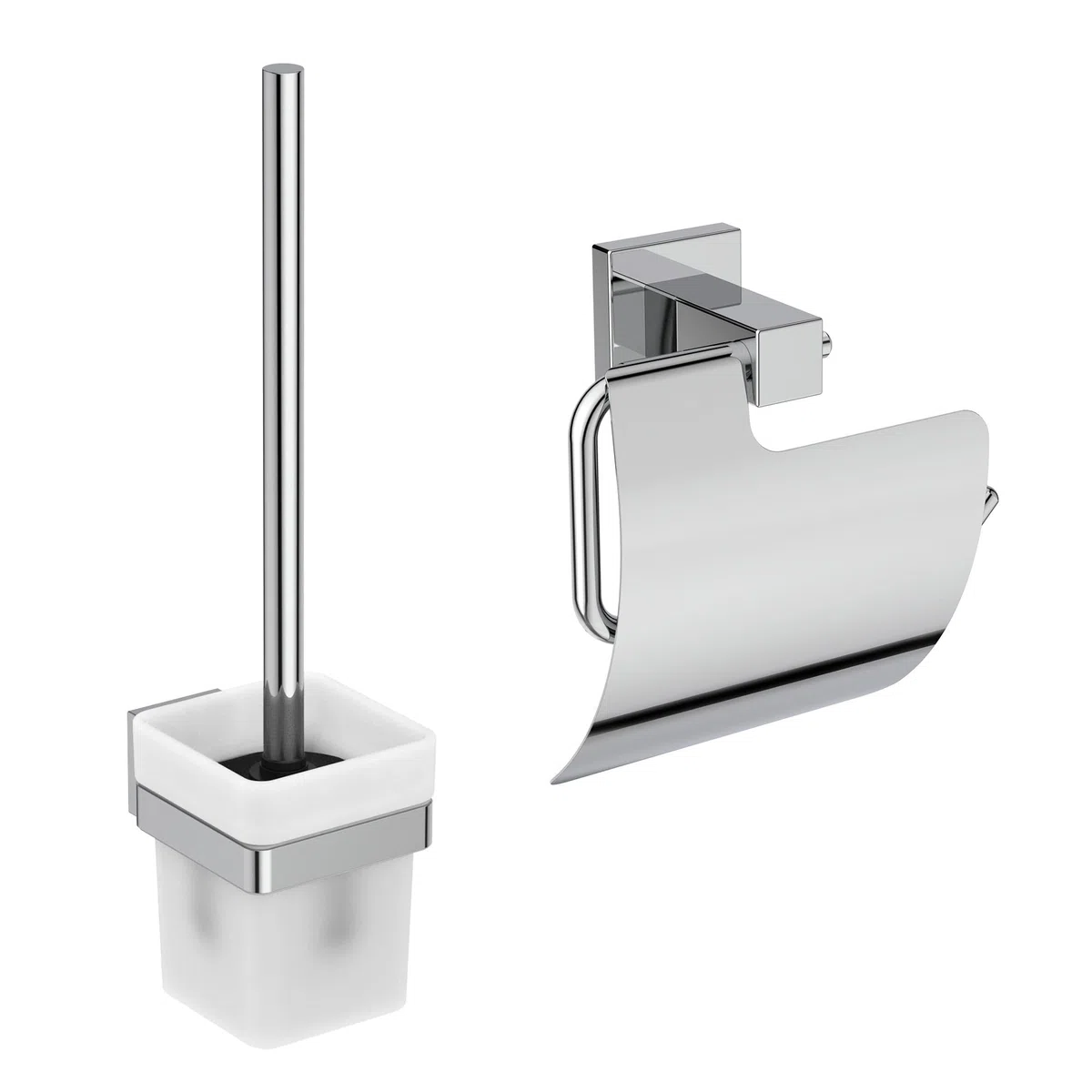 Ideal Standard – IOM Square Set de Accesorios, Compuesto por Portarrollos de Papel y Juego de cepillos, Cristal extraíble, Fijación Oculta y fácil Montaje, Soporte de Metal, Cromo