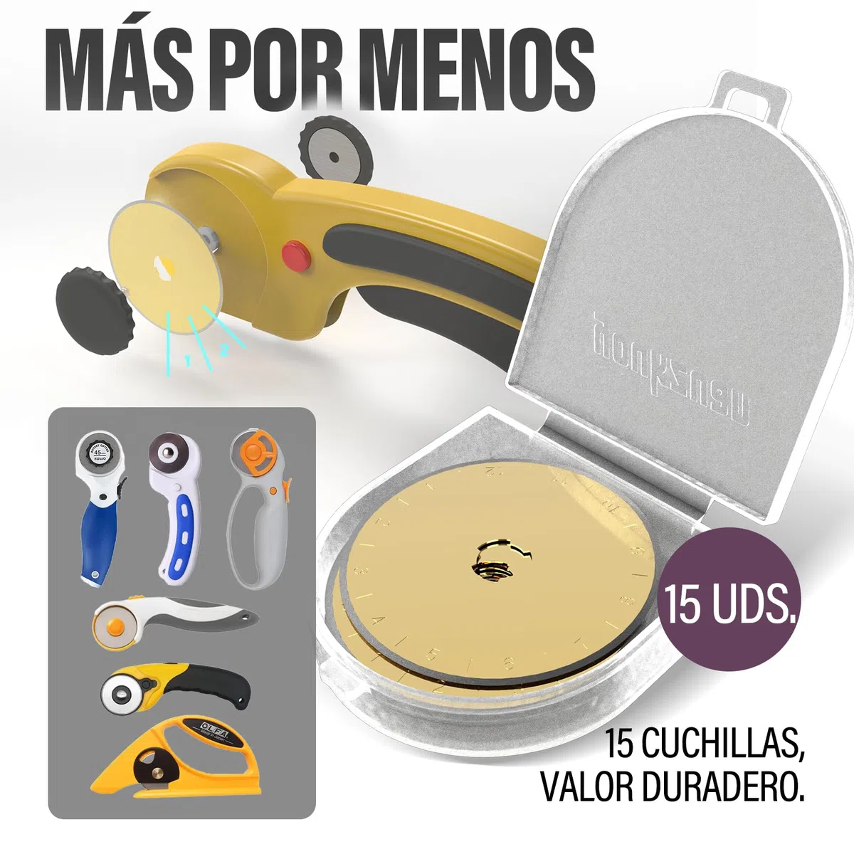 Paquete de 15 cuchillas de corte giratorias con revestimiento de titanio de 45 mm, suministros de acolchado de 45 mm, cuchillas de corte giratorias para tela, compatibles con OLFA, Fiskars