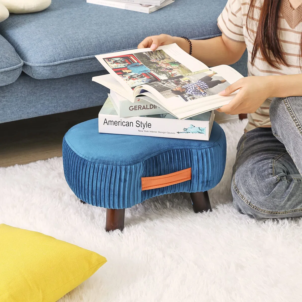 YMYNY Puf Otomana De Madera, Reposapiés Curvo Pequeño con Asa, Taburete De Sofá con Cojín De Asiento Suave, para Dormitorio, Sala De Estar, 40 × 28 × 23 CM, Azul Marino HBD021Q