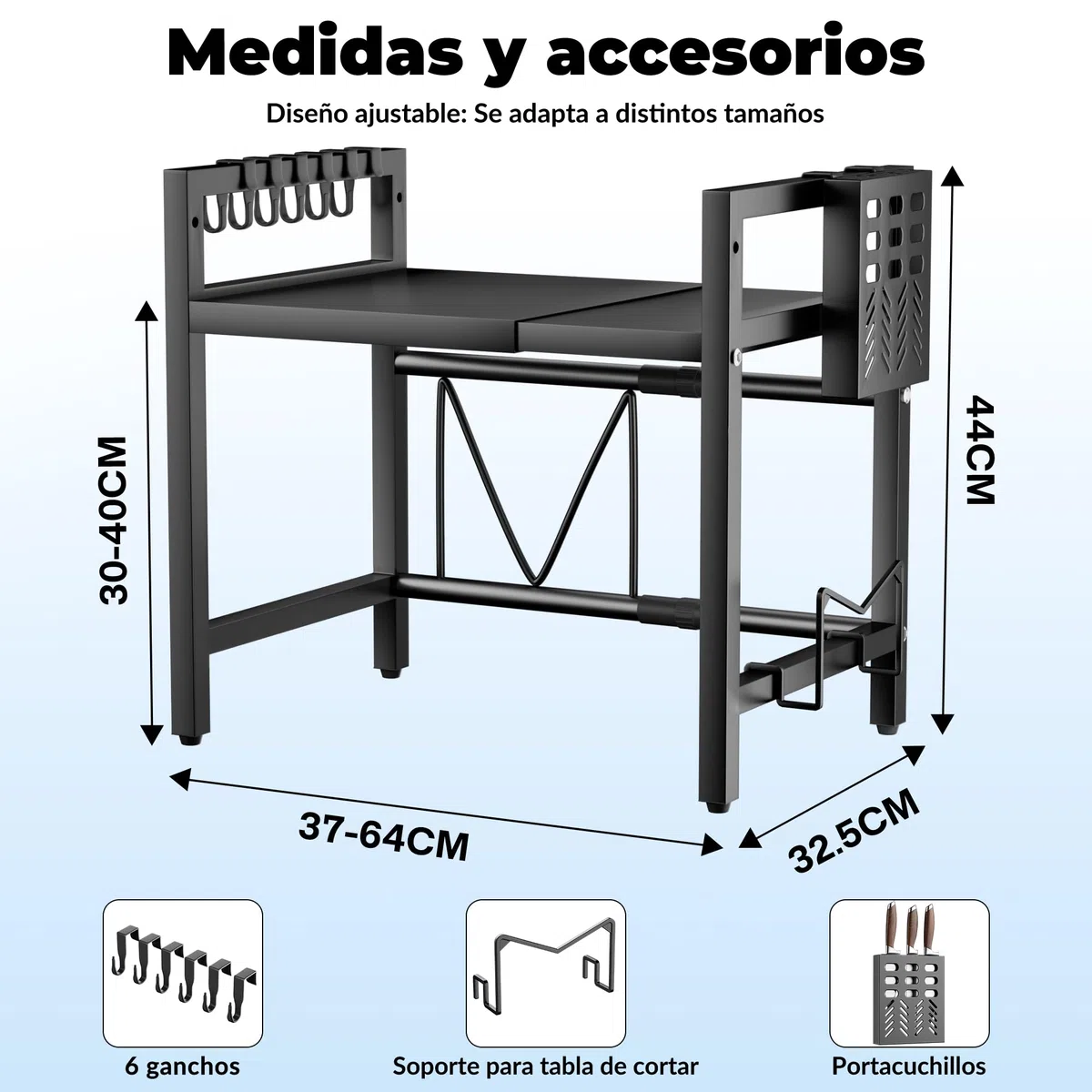 Soporte Extensible Microondas 2 Niveles - Mueble Estantería Cocina | Estante de encimera, organizador de almacenaje: 6 ganchos, portacuchillos y tabla de cortar. Acero al carbono, negro
