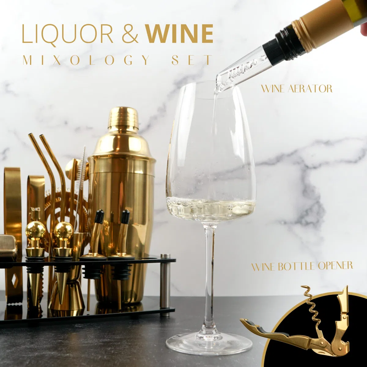 Mixology - Kit de coctelera Dorada de 24 Piezas con Soporte, Accesorios Esenciales para el hogar, coctelera de Martini, medidor, mortero, Cubos de enfriamiento y más