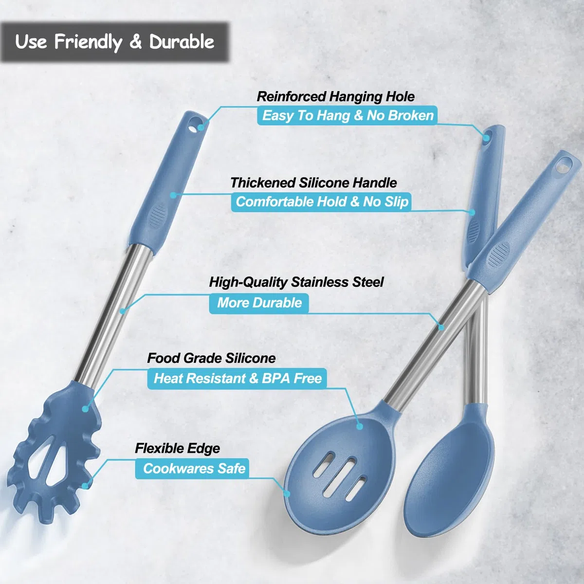 Espátula de silicona y cuchara de cocina, paquete de 5 cucharas y espátulas sólidas y ranuradas de silicona resistente al calor para cocina, mango de acero inoxidable recubierto con silicona,