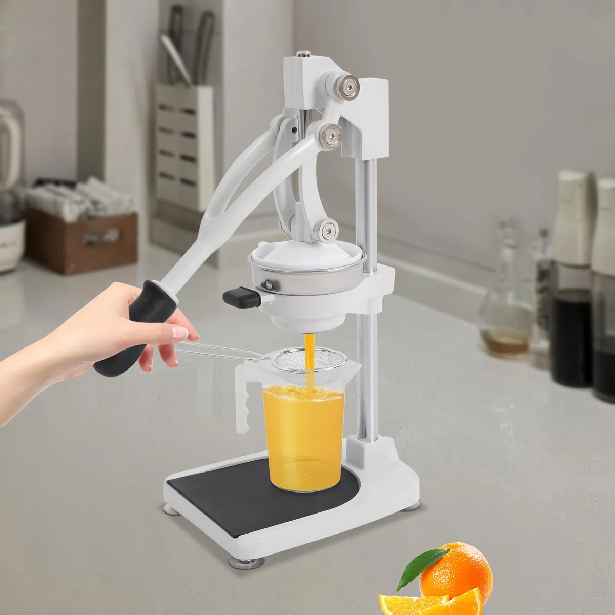 Exprimidor manual de plata de acero inoxidable 304, 2 cabezales de prensado, vaso medidor de 500 ml, diámetro de colador de 12 cm, apto para limón, pomelo, granada y uva, para el hogar, hotel y bar