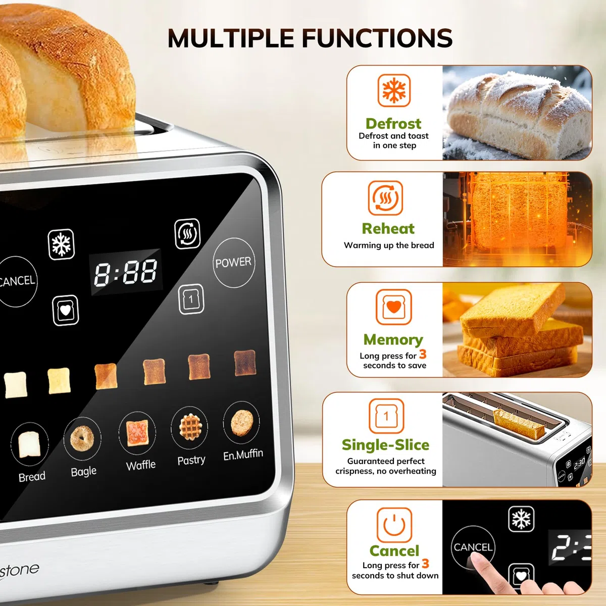 Keenstone tostador de 4 rebanadas, tostador digital inteligente con visualización táctil, función de memoria, tostado de una sola ranura, temporizador, recalentar y descongelar para bagels, pan