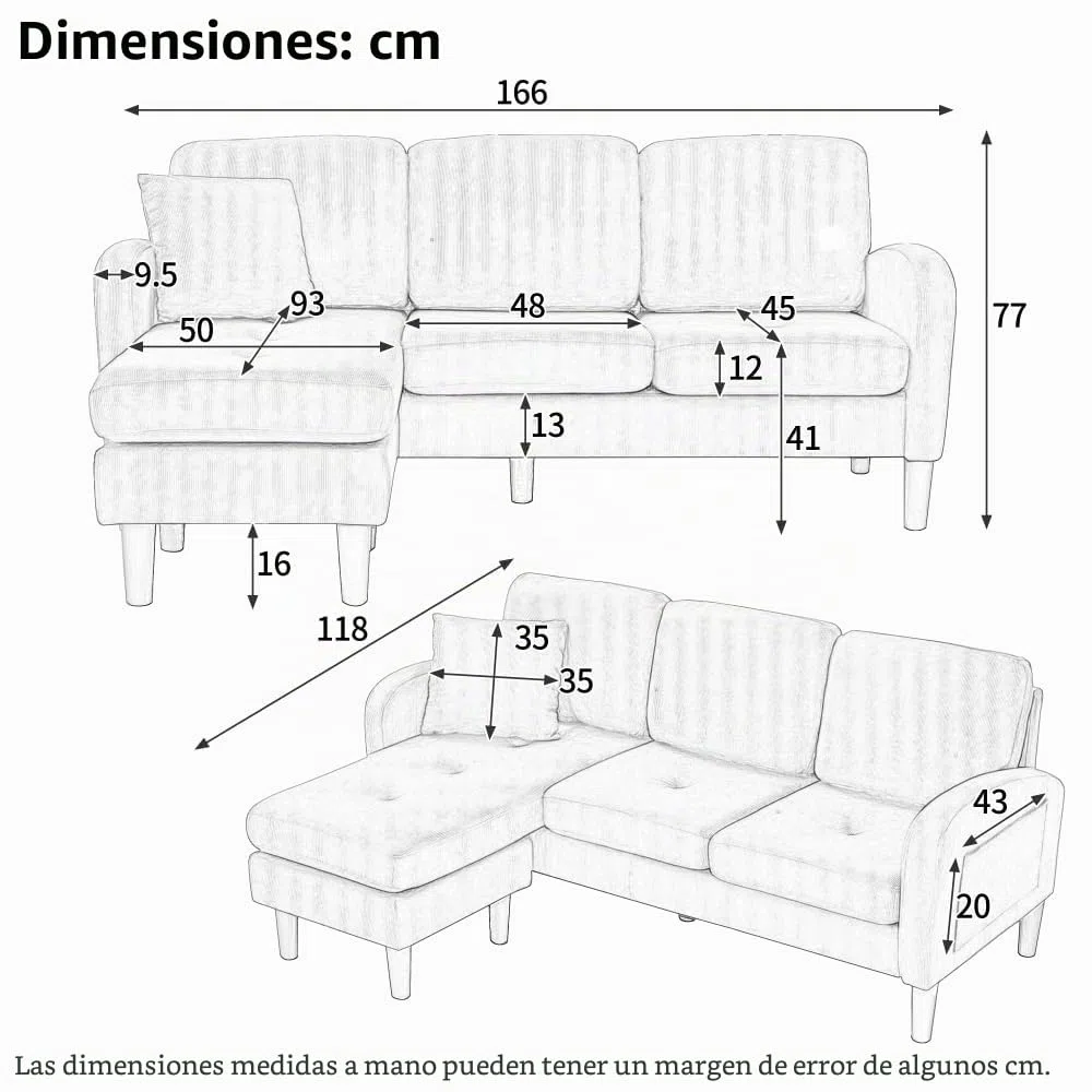 Sofá esquinero en forma de L con chaise longue, sofá de 3 plazas, 166 x 118 x 77 cm, tela transpirable de algodón y lino, patas de plástico, diseño modular, ideal para salas de estar (Beige
