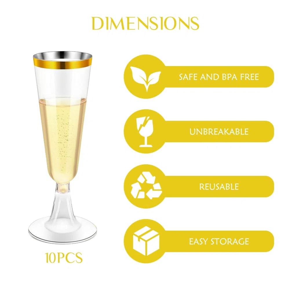 Copas de Champán de Plástico con Borde Dorado, 10 Piezas Juego de Copas de Champán de Plástico, Copas Reutilizables Copa Plastico, Copas de Cava Plastico paraBodas, Cumpleaños y Fiestas (150ml)