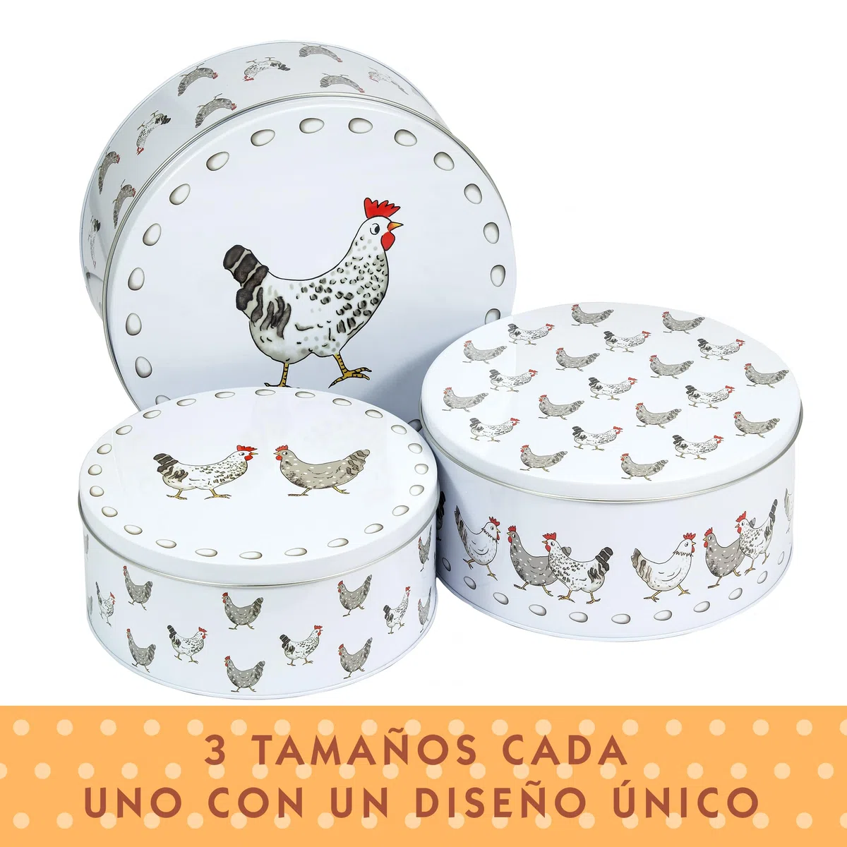 SPOTTED DOG GIFT COMPANY Juego de 3 Latas Almacenamiento para Tartas Redondas, Cajas para Galletas y Pasteles de Metal, Apilables Herméticos, Pequeño 20x9, Mediano 22x10, Grande 25x11cm - Gallinas